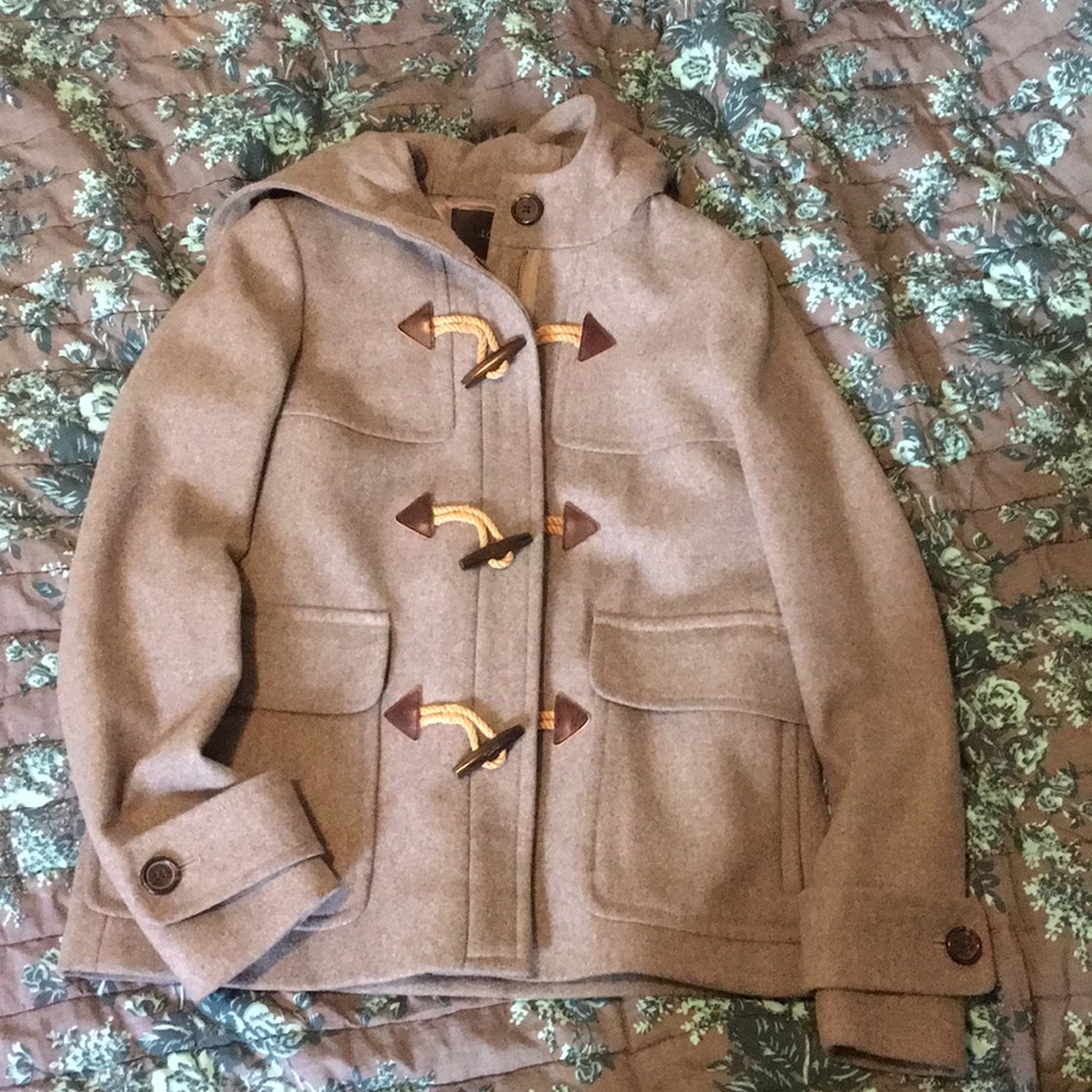 Wool J Crew hooded peacoat gray wooden toggles S